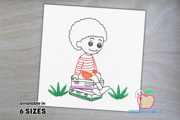 Boy Sitting on the Luggage Embroidery Design Review