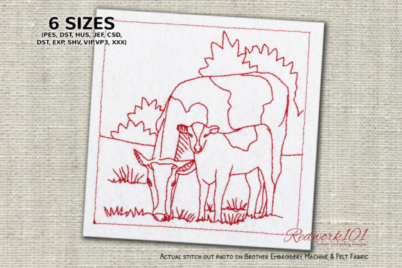 Cow with Calf in the Field: A Charming Embroidery Design