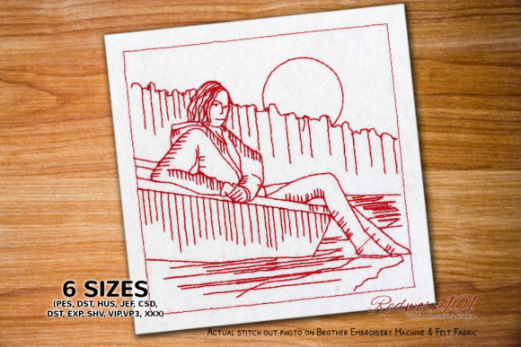 Girl Sitting on Boat Bluework: A Serene Embroidery Design