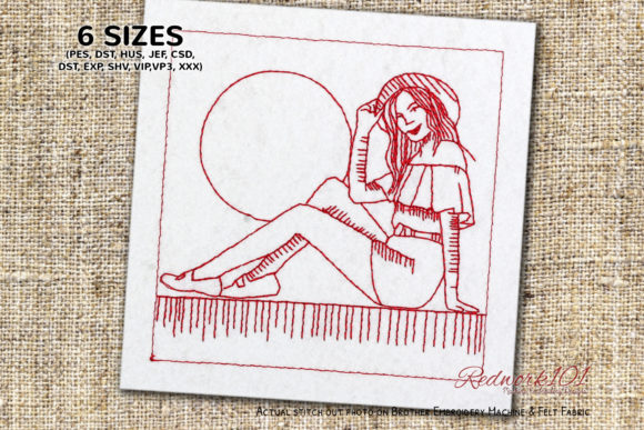 Woman Sitting on Wall Lineart: A Feminine Embroidery Delight